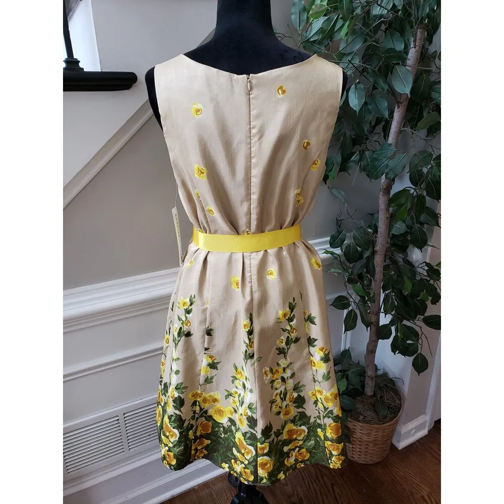 Annalee + Hope Shift Dress Womens 10 Yellow Floral Bow Waist Scoop Neck Back Zip - Image 2