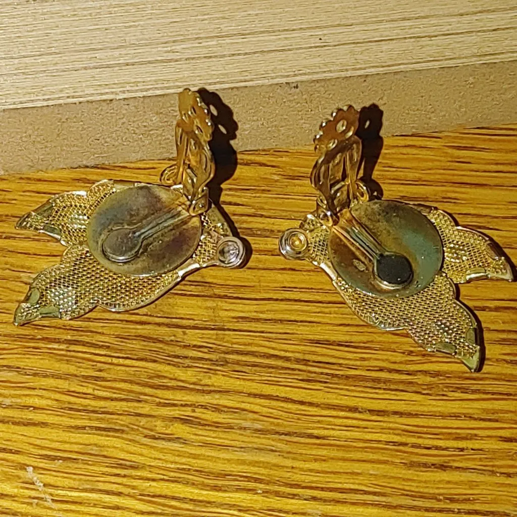 Motif Leaf Earrings Vintage Gold Tone Clip On 1950 Mesh Botanical Multi Layered - Image 7
