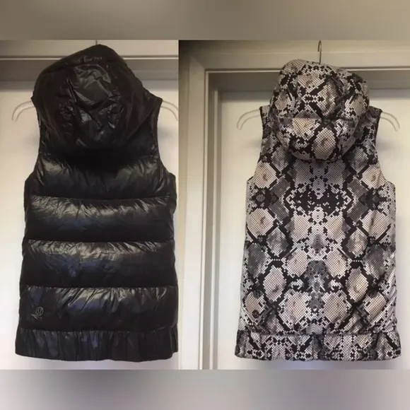 Lululemon Fluffiest Vest REVERSIBLE Black Ziggy‎ Snake Pink Goose Down Sz 4 EUC - Image 2