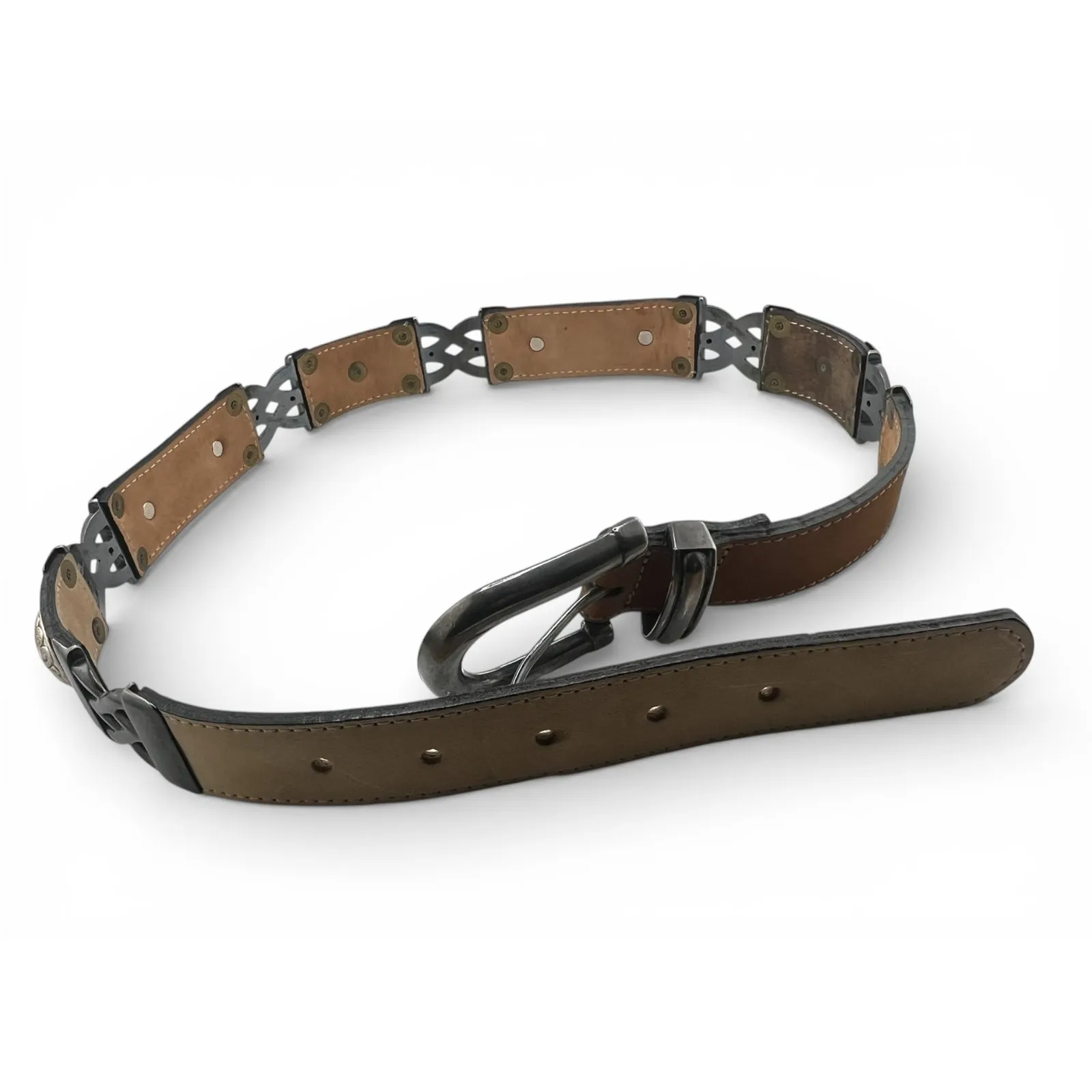 Mod Depose Ornate Metal Work Leather Western Silver Brown Hearts filigree M - Image 4