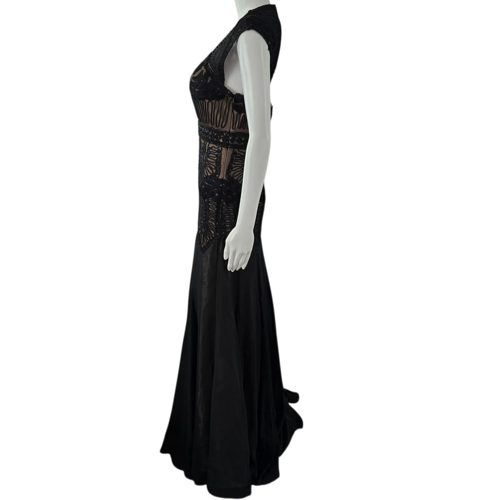 Sue Wong Nocturne Black Lace Beaded V Neck Cap Sleeve Maxi Dress Size 6 - Image 3