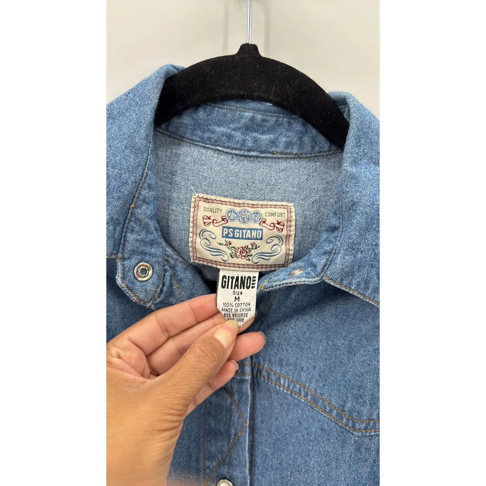 Vintage 90s GITANO Western pearl snap denim midi dress pockets size M NFR Blue Size M - Image 5