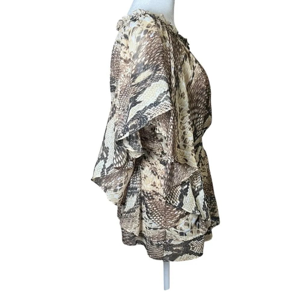 VTG Y2K Marc Bouwer Chiffon Flutter Sleeve Snake Print Top Mob Wife Glam Size S Brown - Image 5