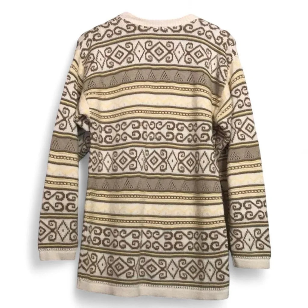Women's L Eclectic Grandpa Cream Yellow Tan Striped Design Long Sleeve Sweater White Size L - Image 3