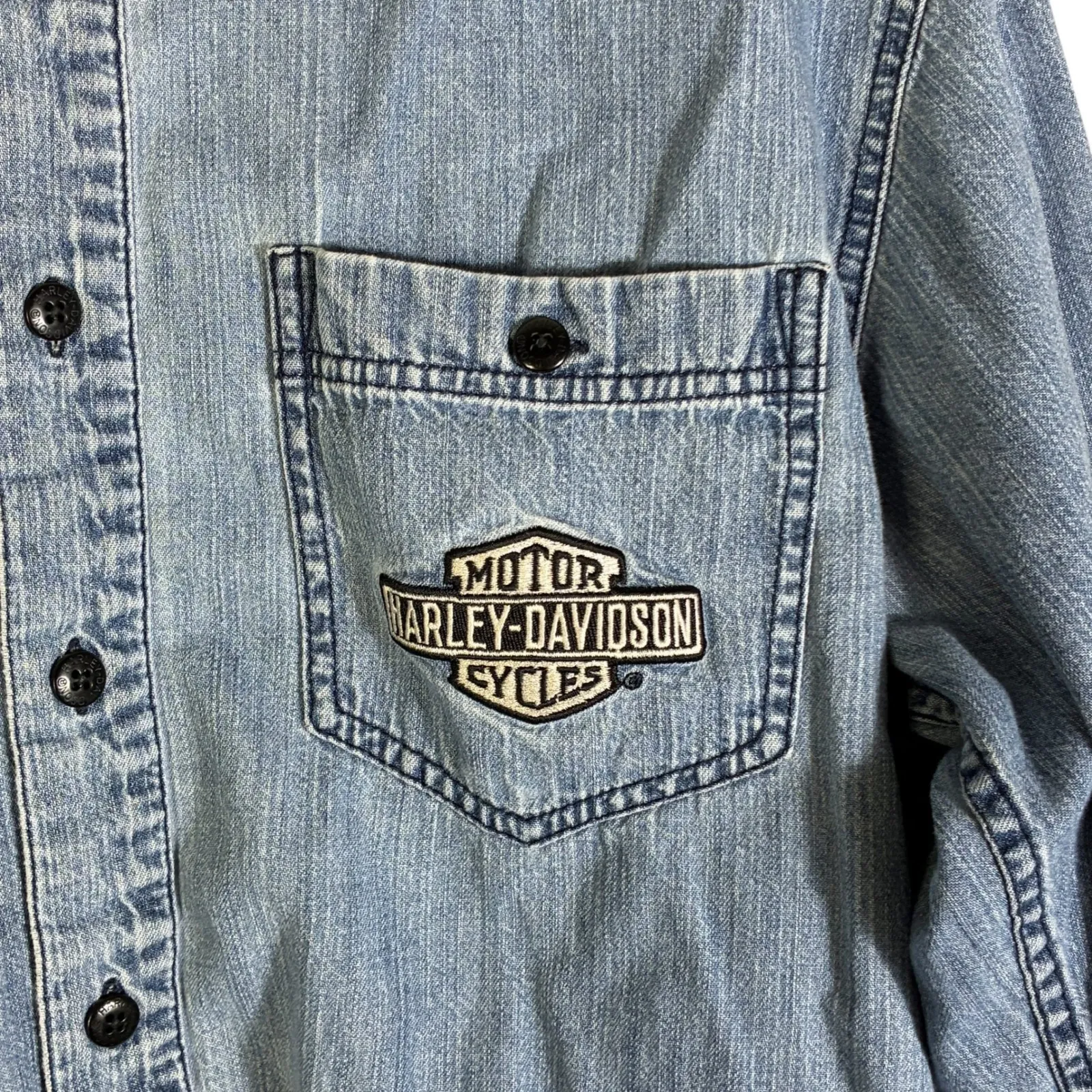 Harley Davidson Denim Button Up Shirt V Twin Power Embroidered Logo Size M Blue Size M - Image 4