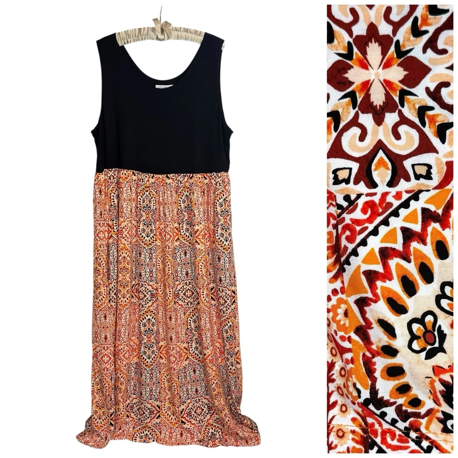 Lucky Brand Boho Maxi Dress 2X‎ Empire Waist Medallion Print Stretch Pockets - Image 2