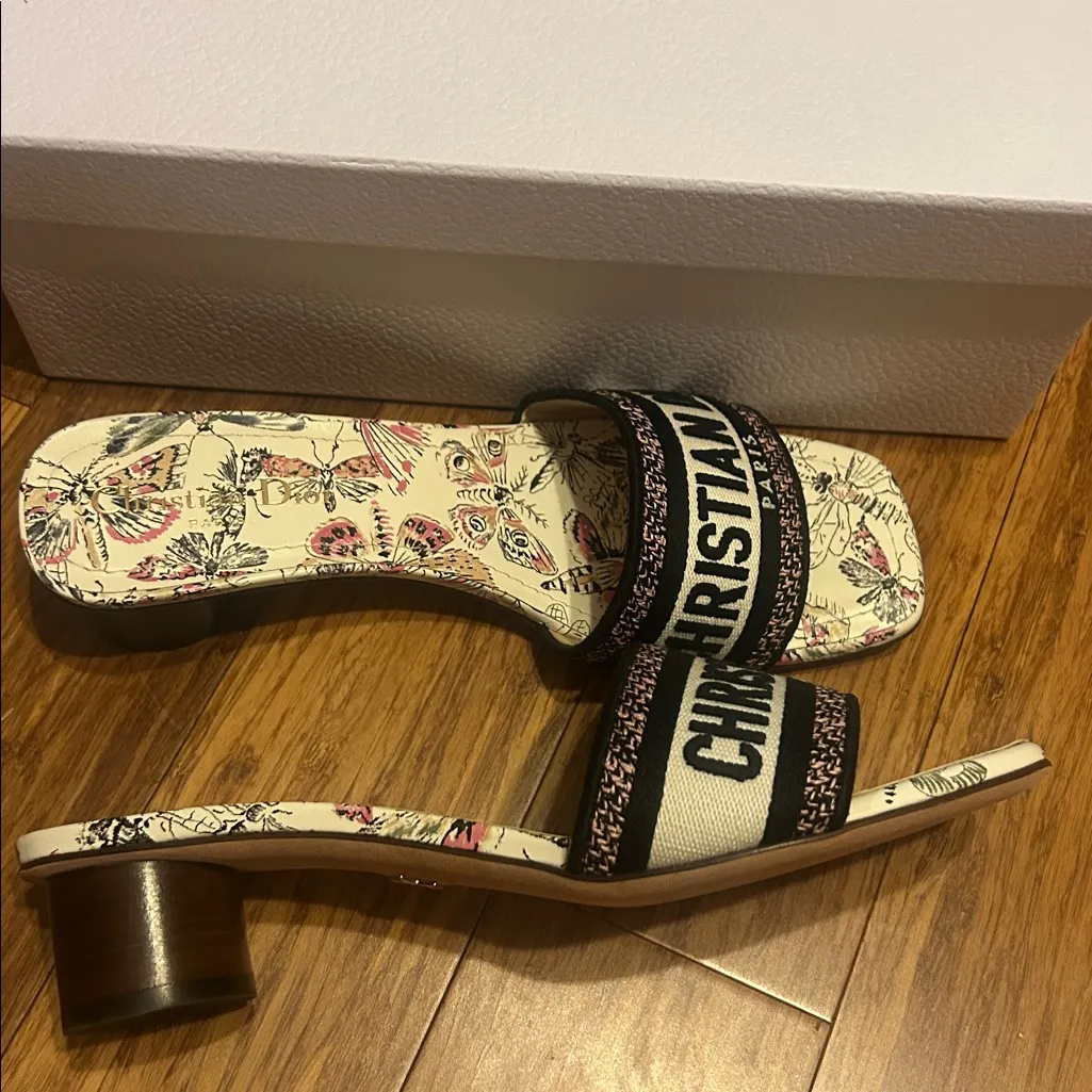 Dior DWAY HEELED SLIDE White Cotton Embroidered Libellule Camouflage Motif - Image 5