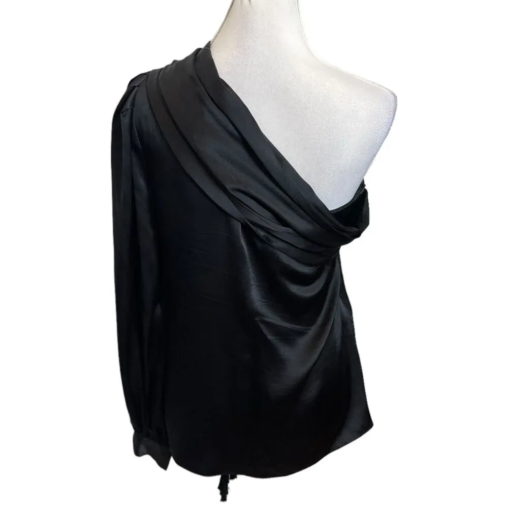 Sachin + Babi Pasa One Shoulder Silk Tassel Blouse Black Top Womens Size 6 - Image 3