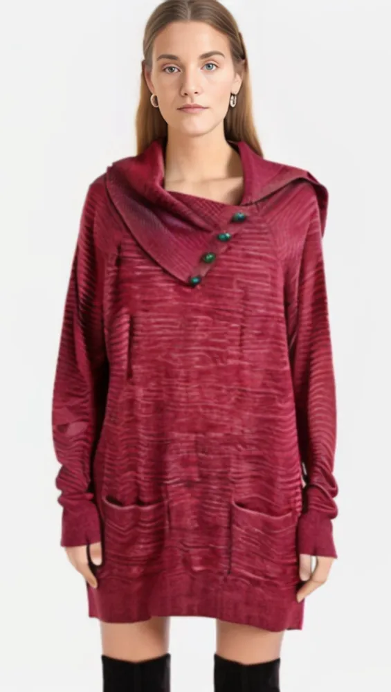 Eight eight eight Marled Cranberry Button Cowl Neck Long Sleeve Sweater Dress - Image 1