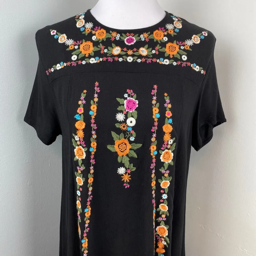 Umgee Black Colorful Floral Embroidered A-Line Tee Dress Medium - Image 4