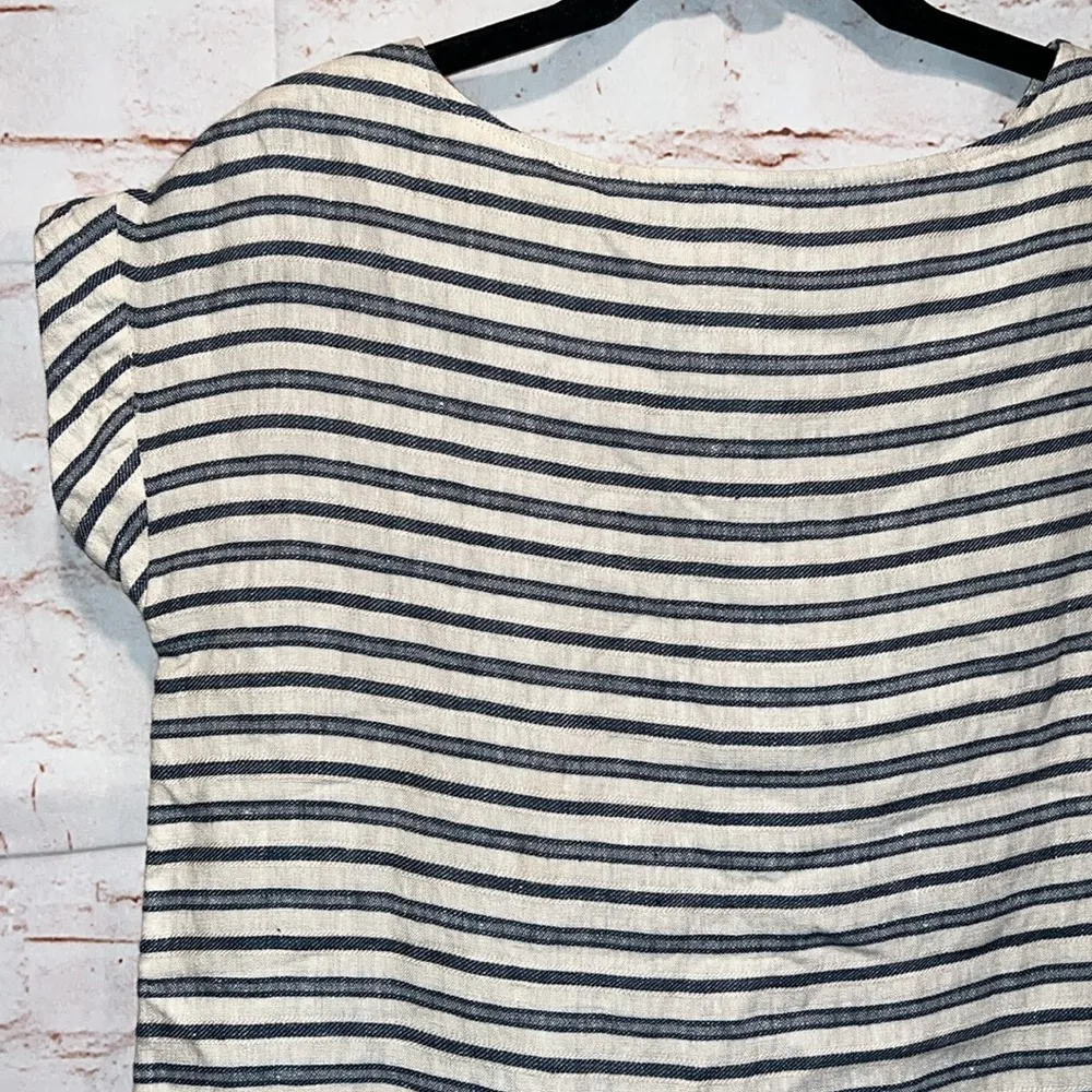 Tahari Dress Womens XS White Blue Linen Short Mini Shift Striped Short Sleeve - Image 6