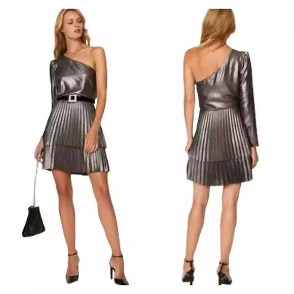 DEREK LAM Silver Metallic One Shoulder Pleated Black Mini Dress Size EU 44 - Image 2