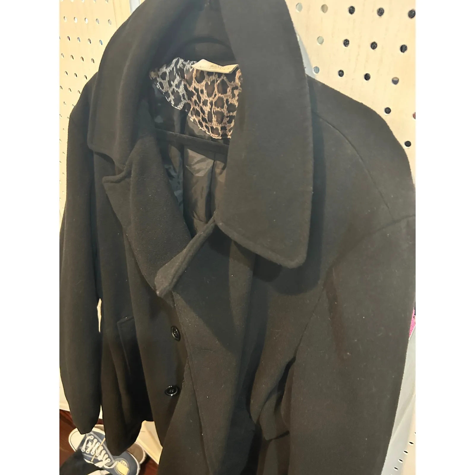 Nuvano Black Double Breasted Pea Coat‎ Jacket Leopard Lining 2X Size XXL - Image 3