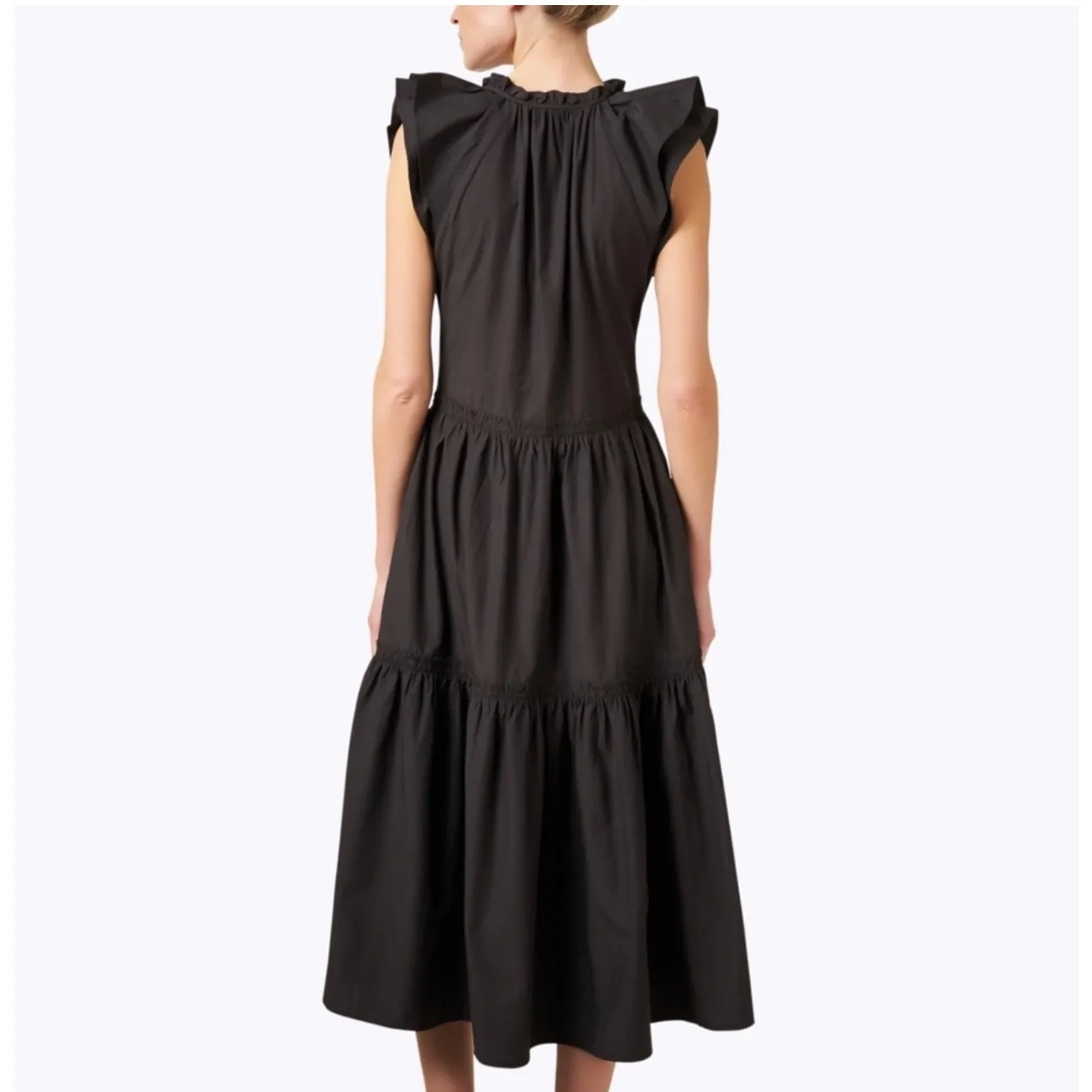 BROCHU WALKER Santorini Dress Black Ruffle Neck Button Front Tiered Midi Size XS - Image 8