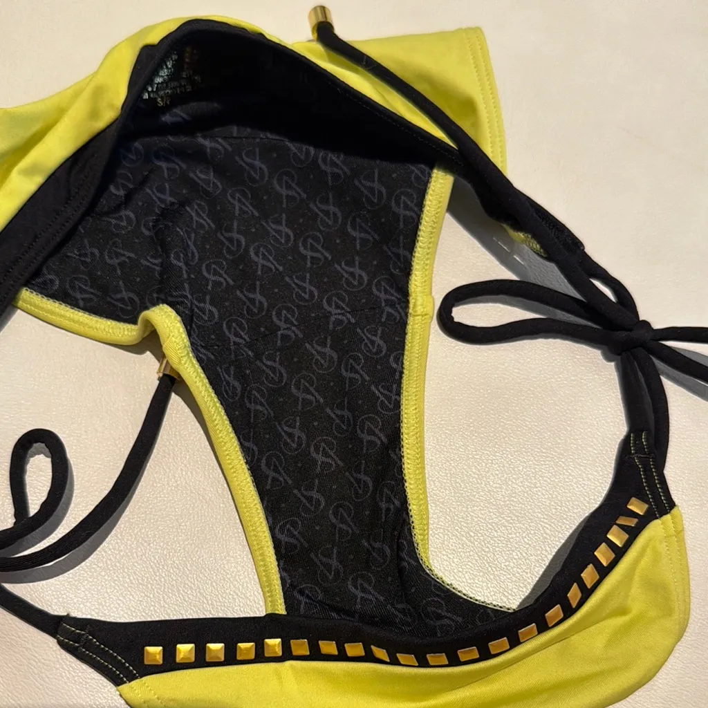 Victorias secret small black and green Bikini Bottom with Gold Accents side ties - Image 5
