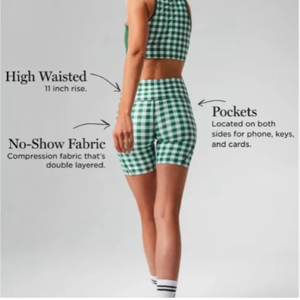 Tuckernuck Trellis Gingham Biker Shorts M NWT Green White 6” High Waist Pockets - Image 3