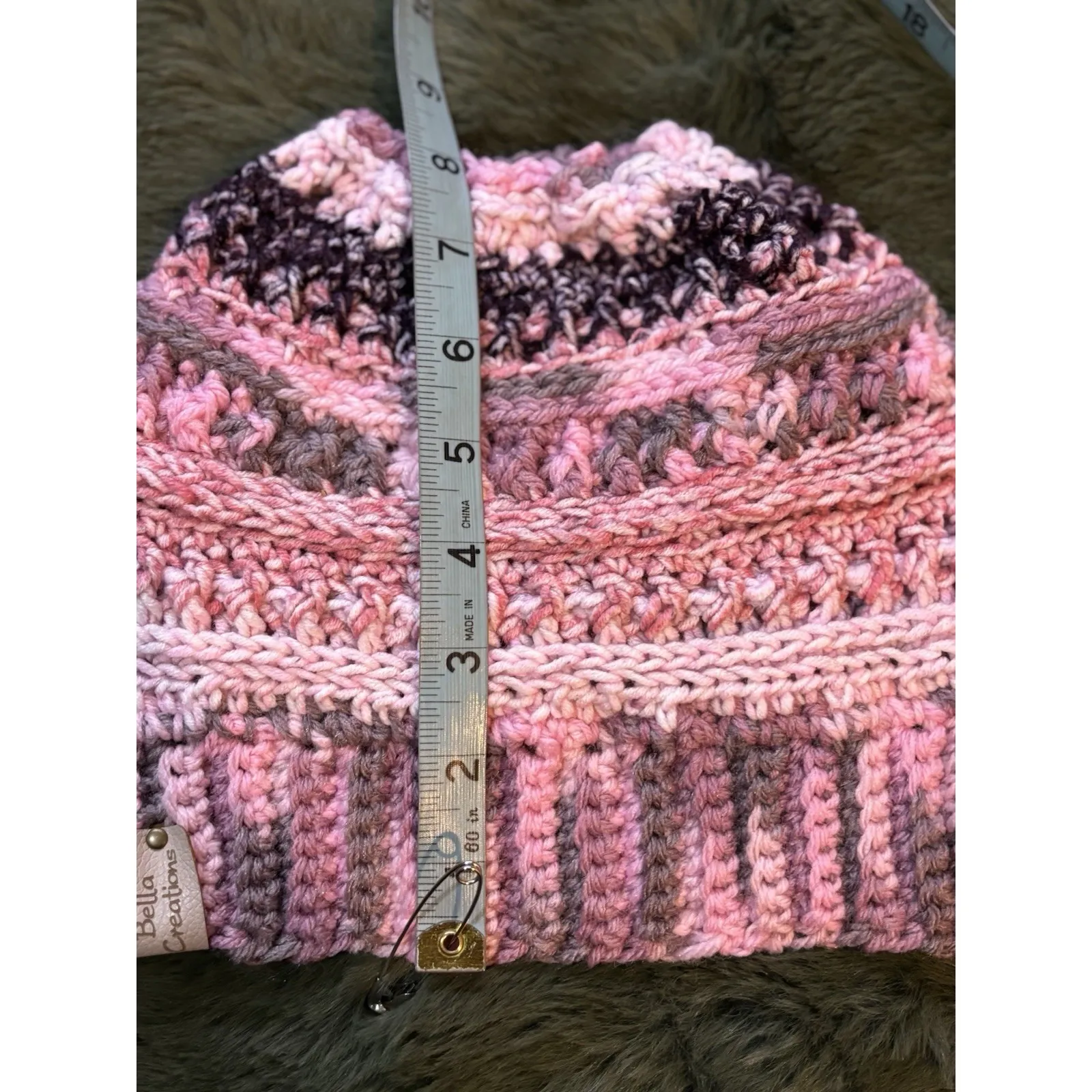 Handmade Crocheted Knit Ponytail Beanie Pink/Black Adult SzLogo Bella Creations - Image 4