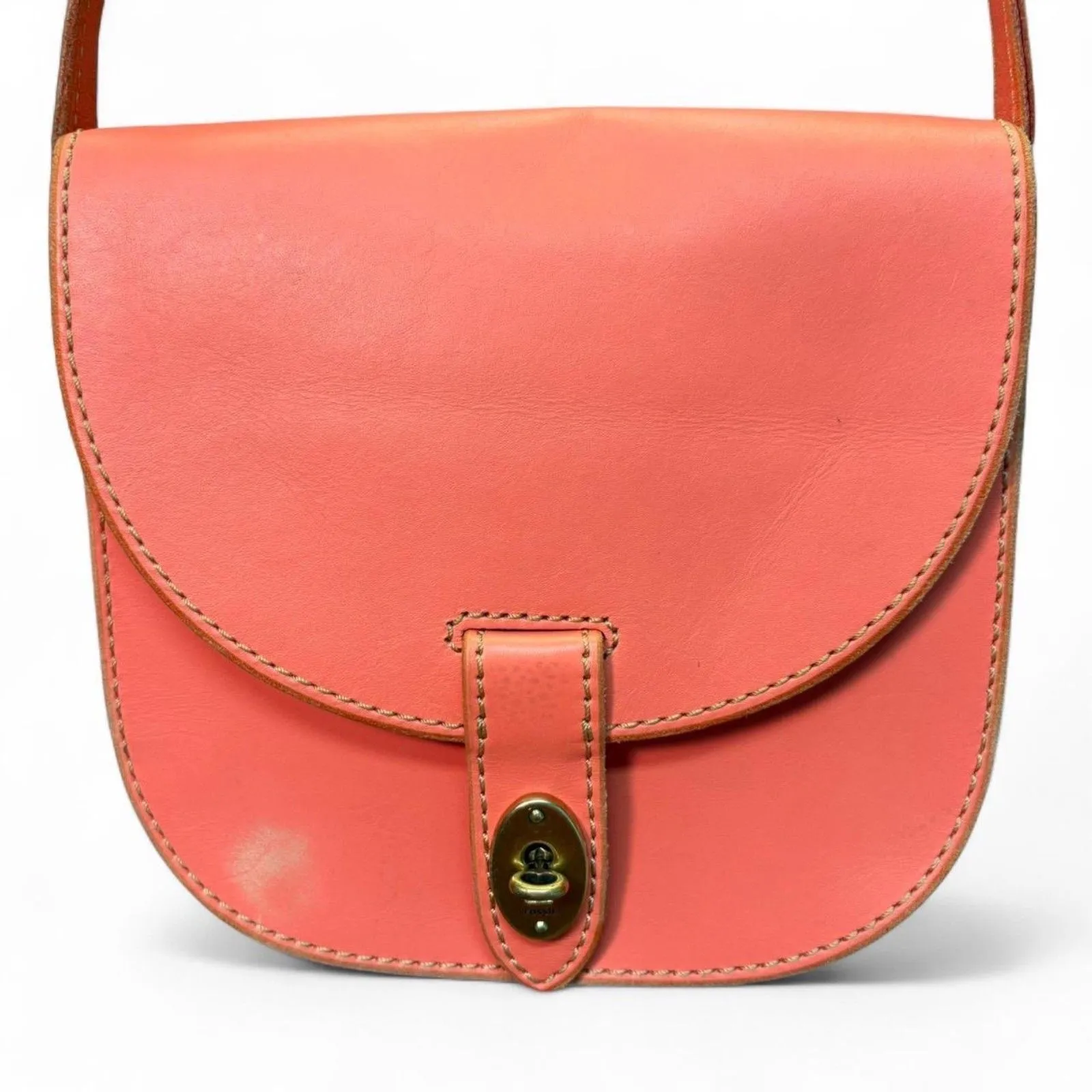 Fossil Austin Flap Salmon Genuine Leather Saddle Bag / Cross Body Purse - Image 3