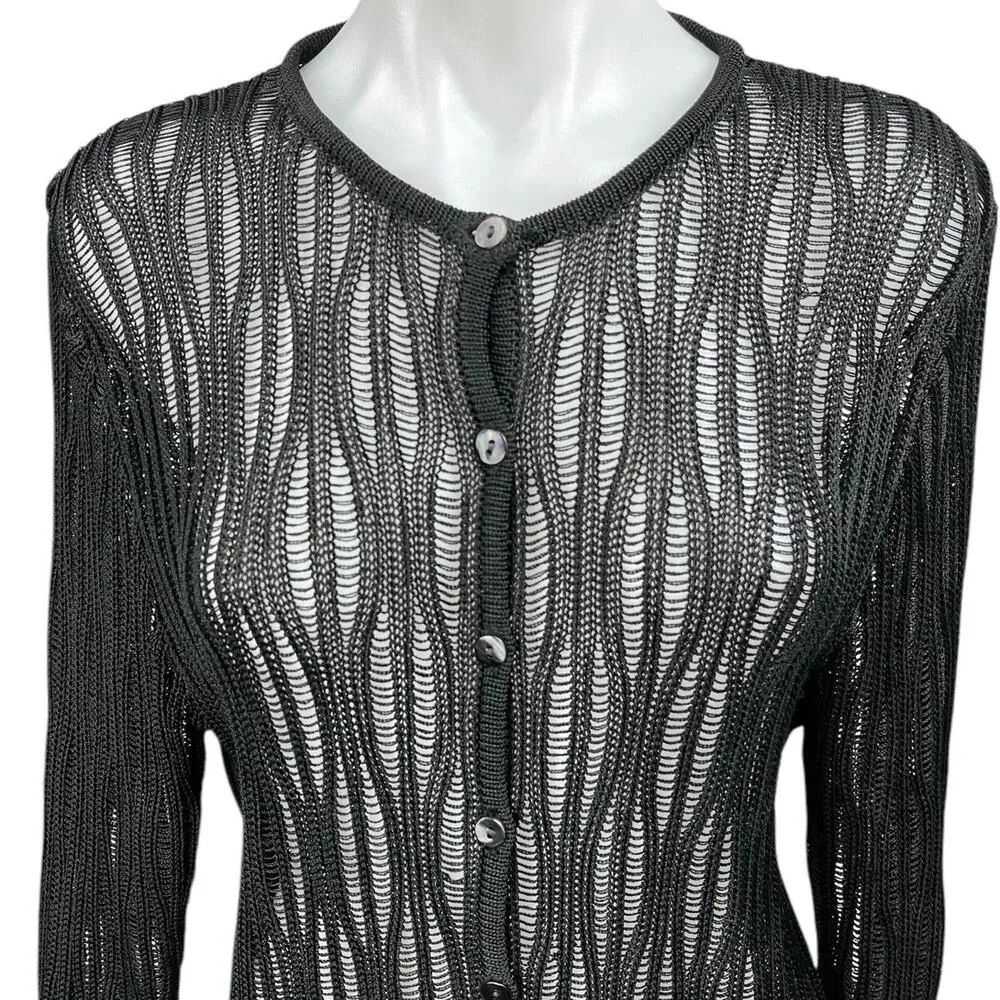 Valerie Stevens Black Open Knit Button Down Cardigan Sweater Top Size L - Image 3