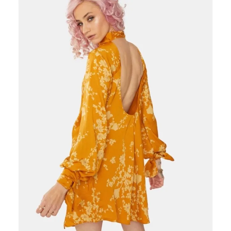 Free People Aries Floral High Neck Open Back Dress Gold Floral Boho Sz S‎ - Image 2