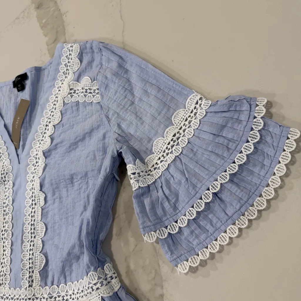 J. Crew NWT Pleated V-Neck Ruffle Sleeve Peplum Blouse Lace Trim Women’s XS Blue - Image 4