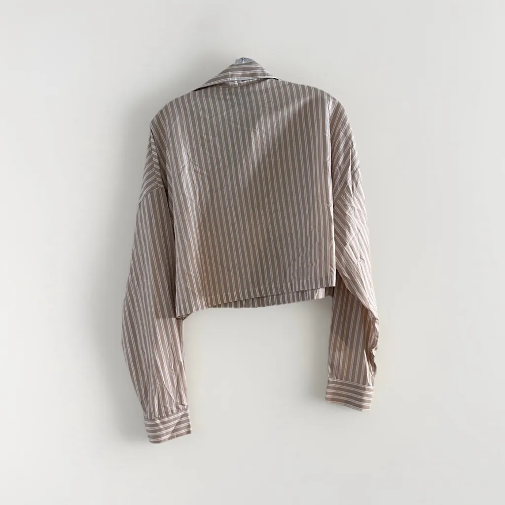BLANCA Thomas Womens Oversized Long Sleeve Cotton Shirt Cropped Striped M / L Tan Size L - Image 6