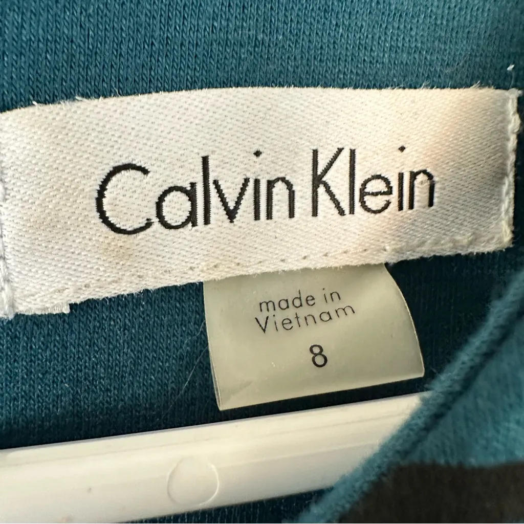 Calvin Klein Striped Sheath Dress Horizontal Short Sleeve Womens 8 Black Mustard - Image 4