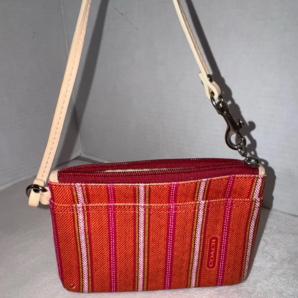 Coach Legacy Weekend Ticking Strip Orange And Multicolor Zip Wristlet Pouch - Image 1