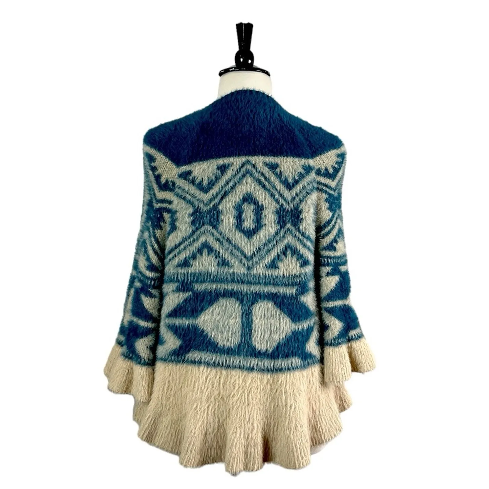 Cobble Lane NEW Women’s Artsy Cardigan Sweater Ruffle Sleeve Hem Fuzzy Size XL Blue - Image 4