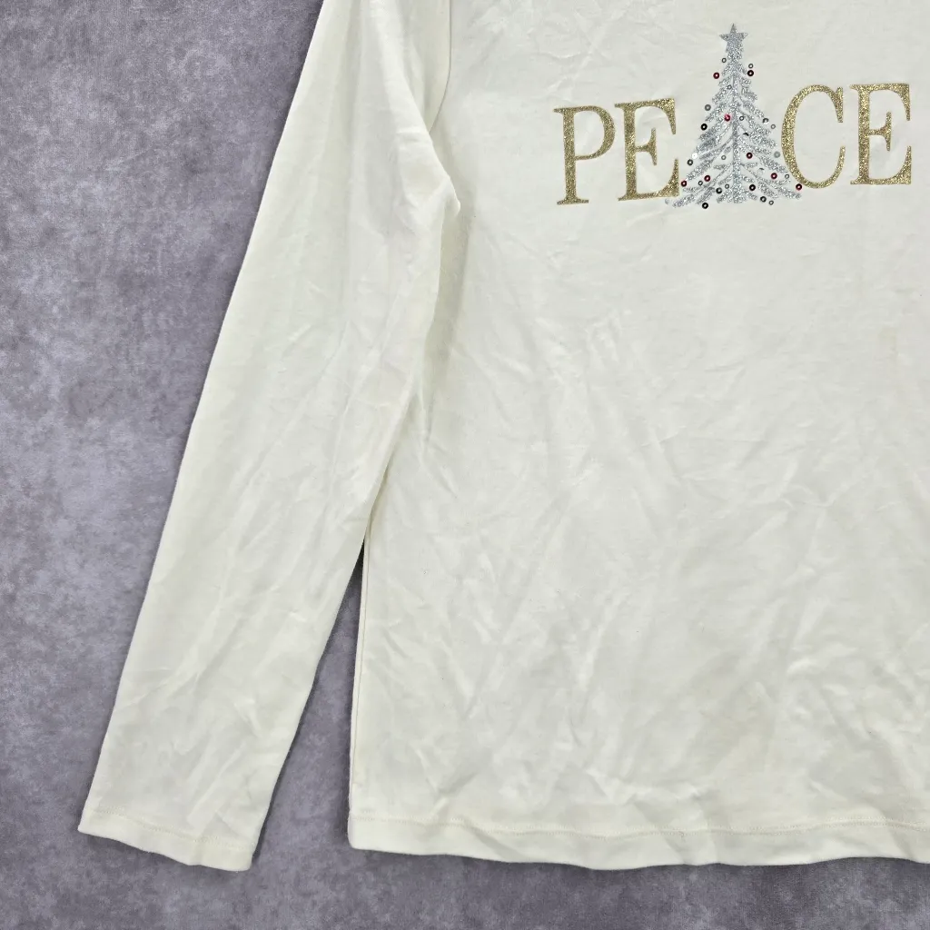Croft & Barrow White Peace Christmas Tree Holiday Festive Top Medium - Image 3