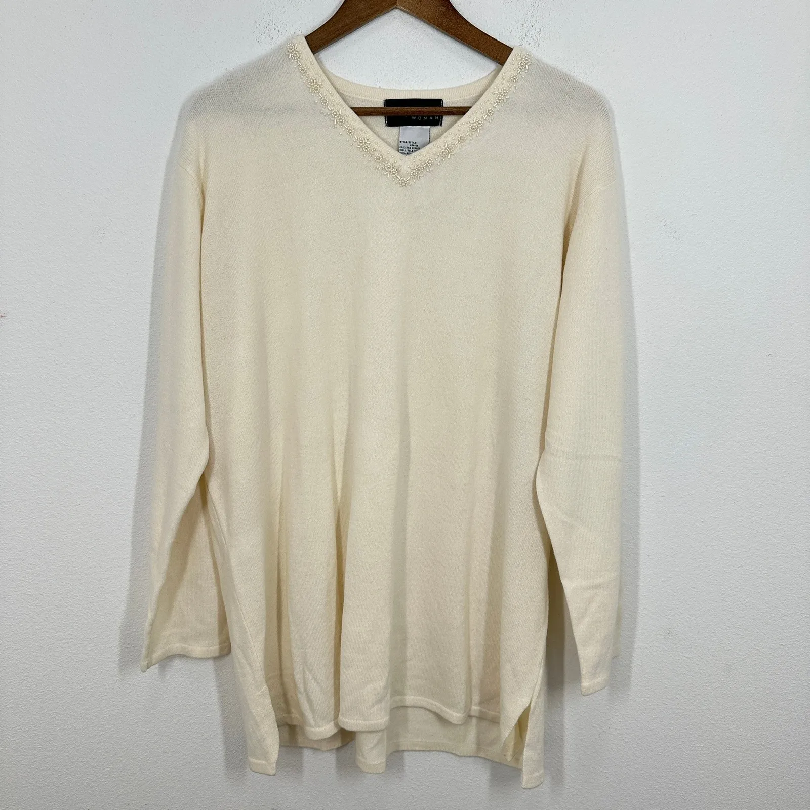 Vintage Sag Harbor Cream V Neck Long Sleeve Beaded Embellished Sweater Granny Size XXL - Image 3