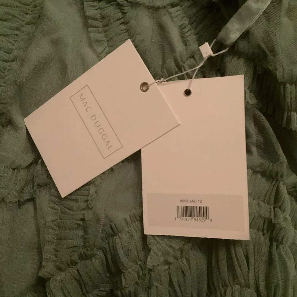 MAC DUGGAL 8058 Green High Neck Micro Ruffle Tiered Midi Dress - Image 13