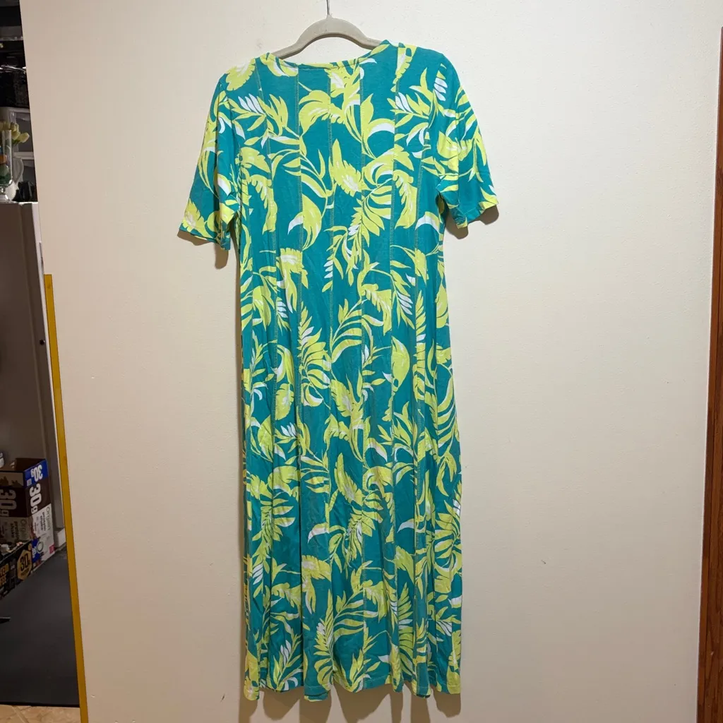 Soft Surroundings Palm Print Knit Maxi Dress Teal Green Tropical Size Medium - Image 13