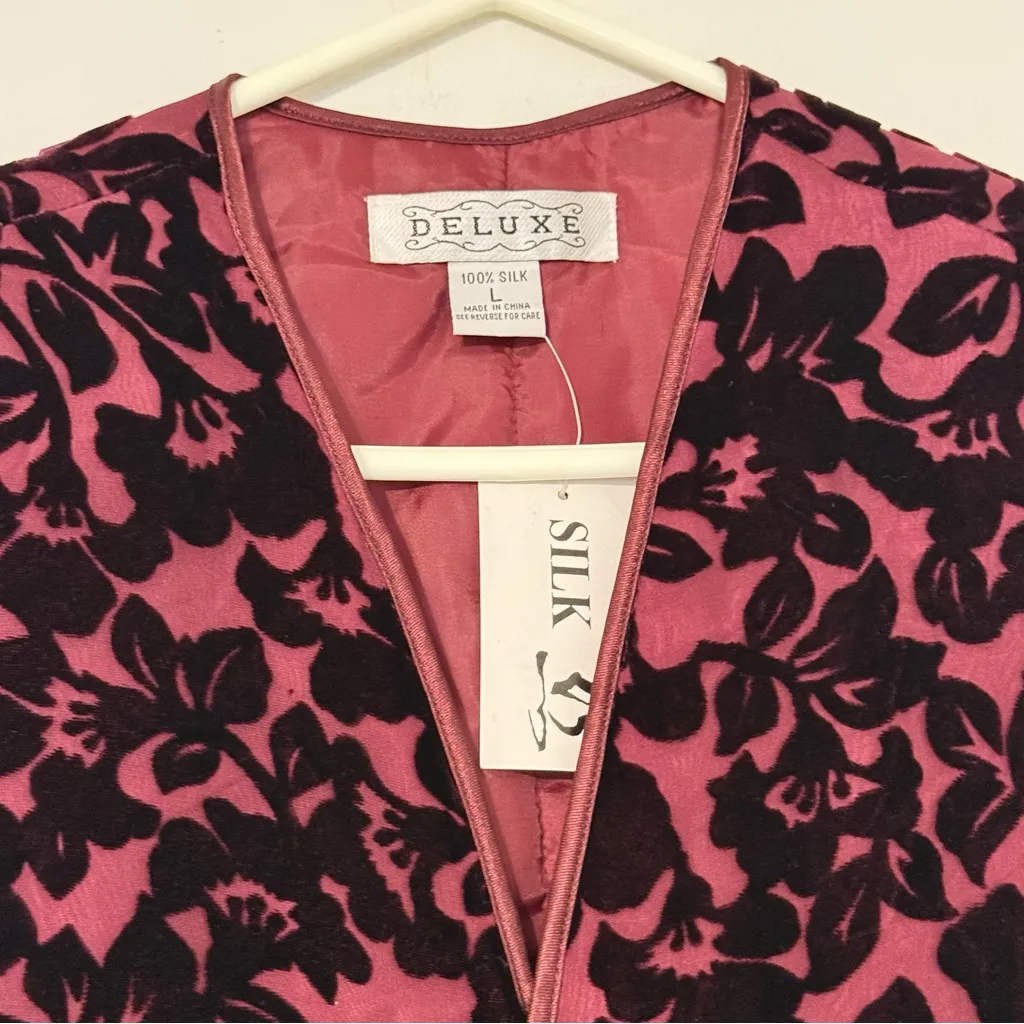 Deluxe 100% Silk Burgundy Floral Vest L New Lily Pattern with Suede - Image 4