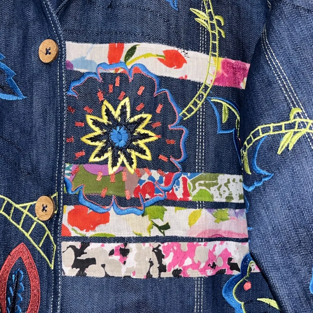 NEW Colorful Floral embroidered Denim Jacket • Jean jacket • patchwork quilted Blue Size M - Image 4