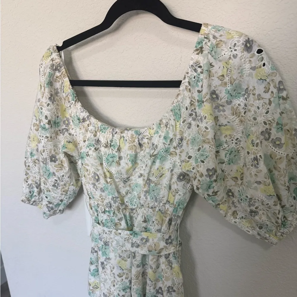 MINKPINK Irwin White Eyelet Mint Green Yellow Floral Mini Dress XS Puff Sleeves - Image 10