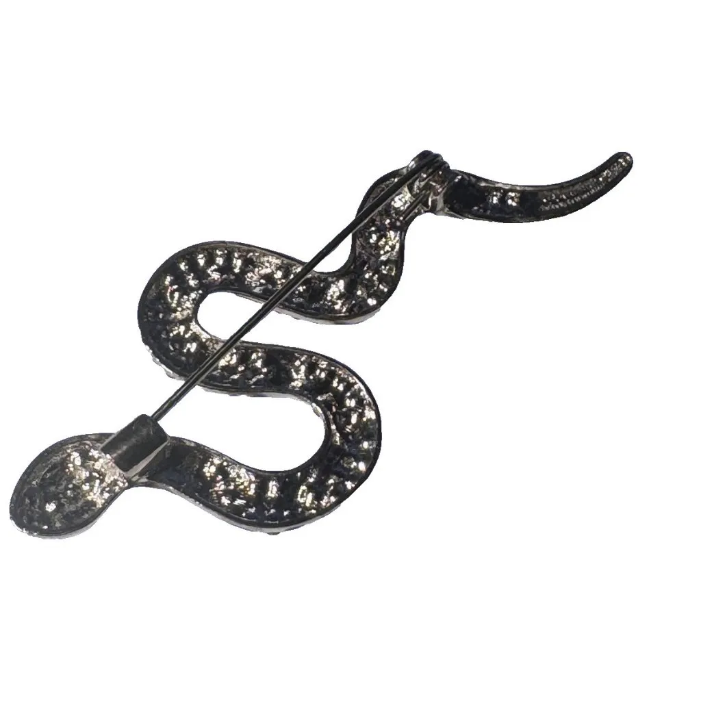 Vintage Silver Tone Clear Rhinestone Snake Brooch Pin Green Eyes NEW - Image 3