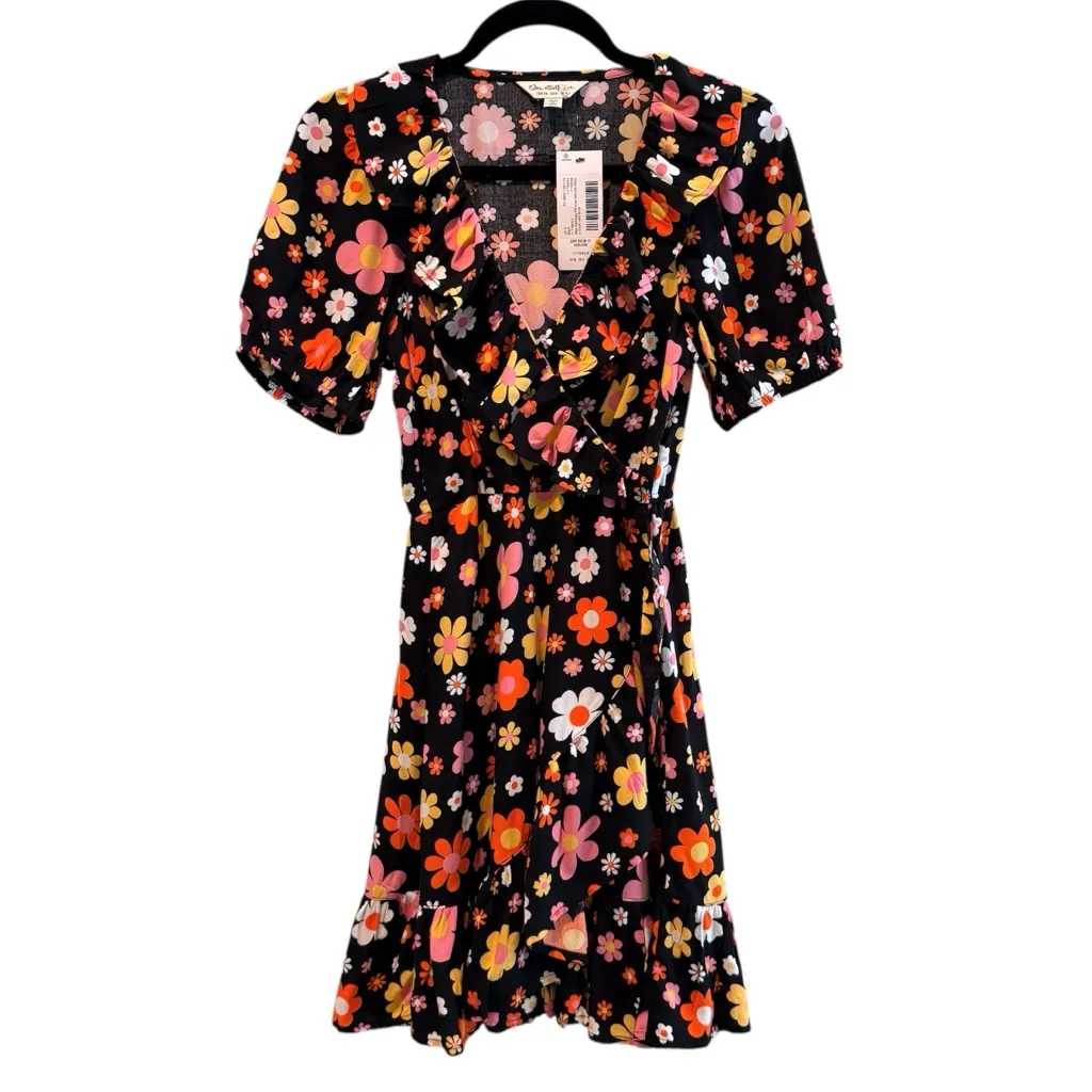 Miss Selfridge Frill Ruffle Wrap Mini Tea‎ Dress Retro Floral Black Size 4 - Image 2