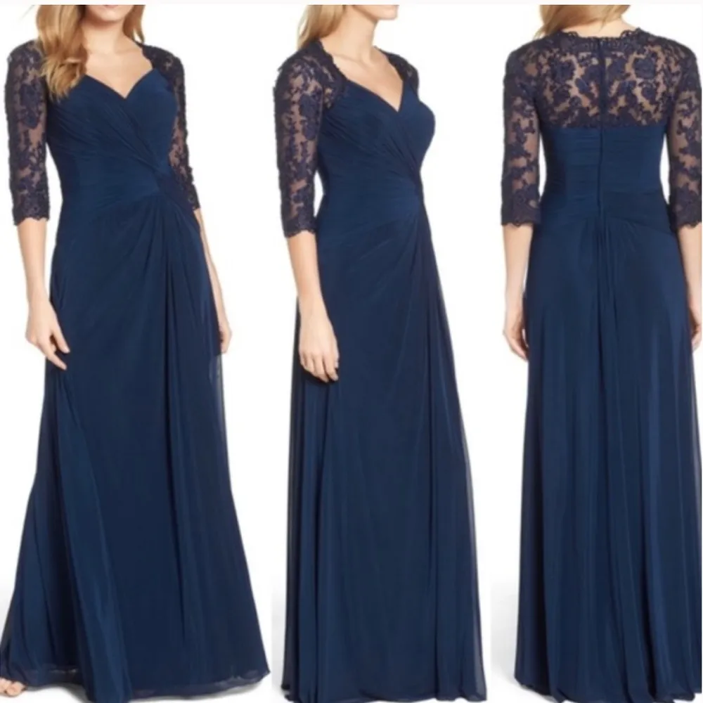 NEW NWT La Femme Ruched Twisted Lace Sleeve Column Gown Navy Size 10 - Image 6