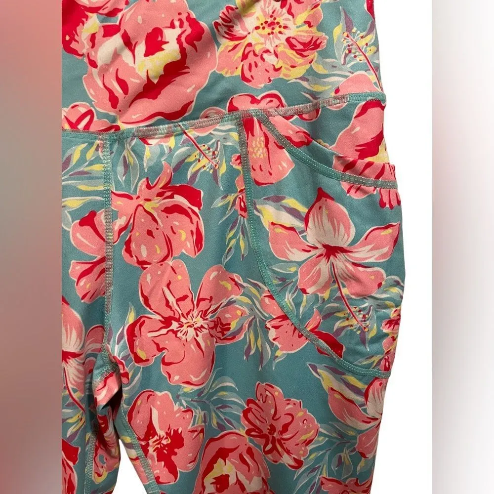 Simply Southern Blue Pink Tropical Floral Hibiscus Cropped Athletic Leggings - Image 3