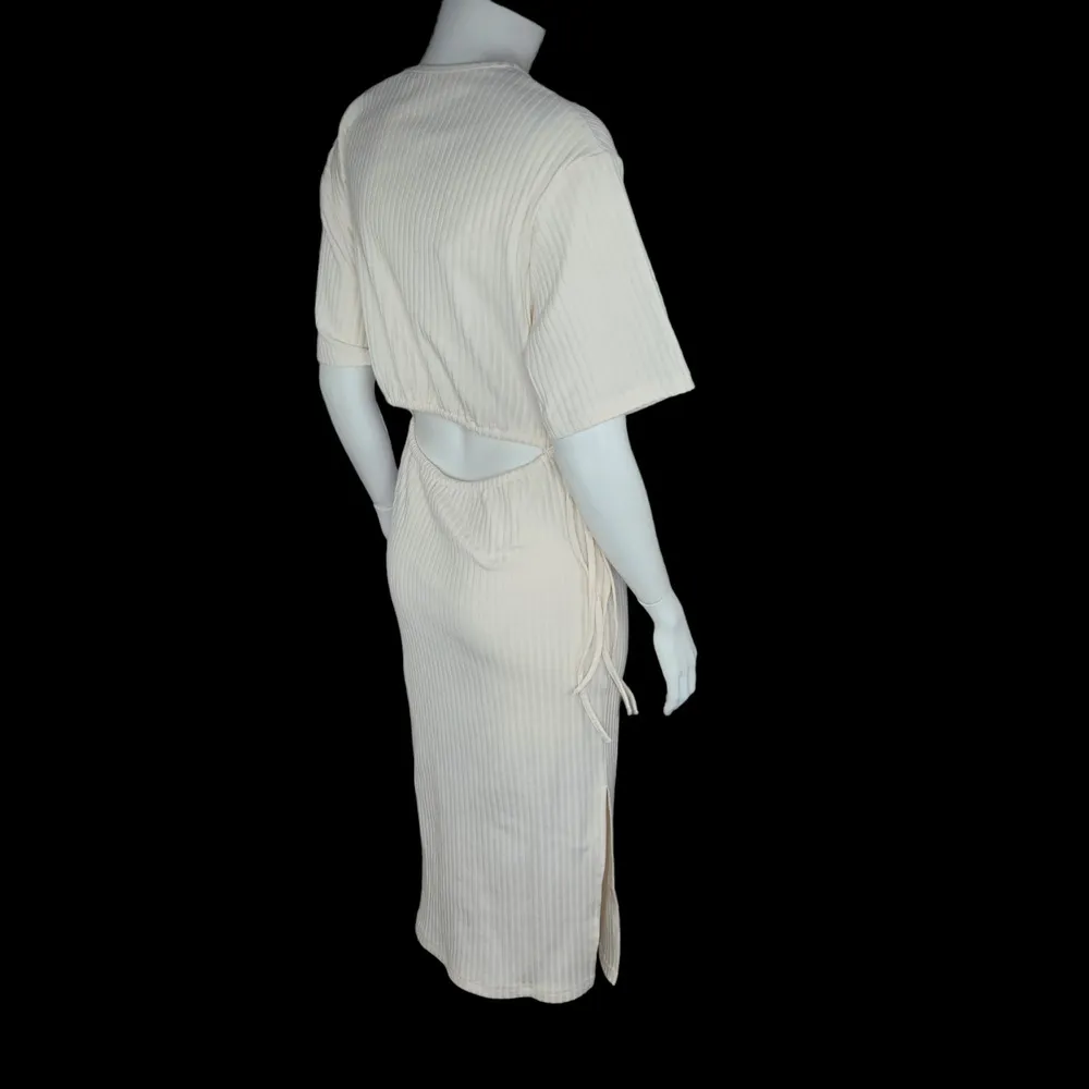 4th and Reckless Womens Small Cream Textured Midi Dress Cutout Short Sleeve - Image 11