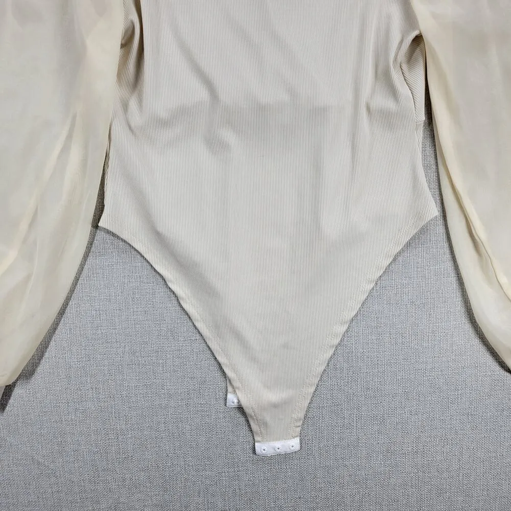 SHEIN Womens Bodysuit XL Cream Mesh Contrast Textured Ribbed Puff Sleeve - Image 10