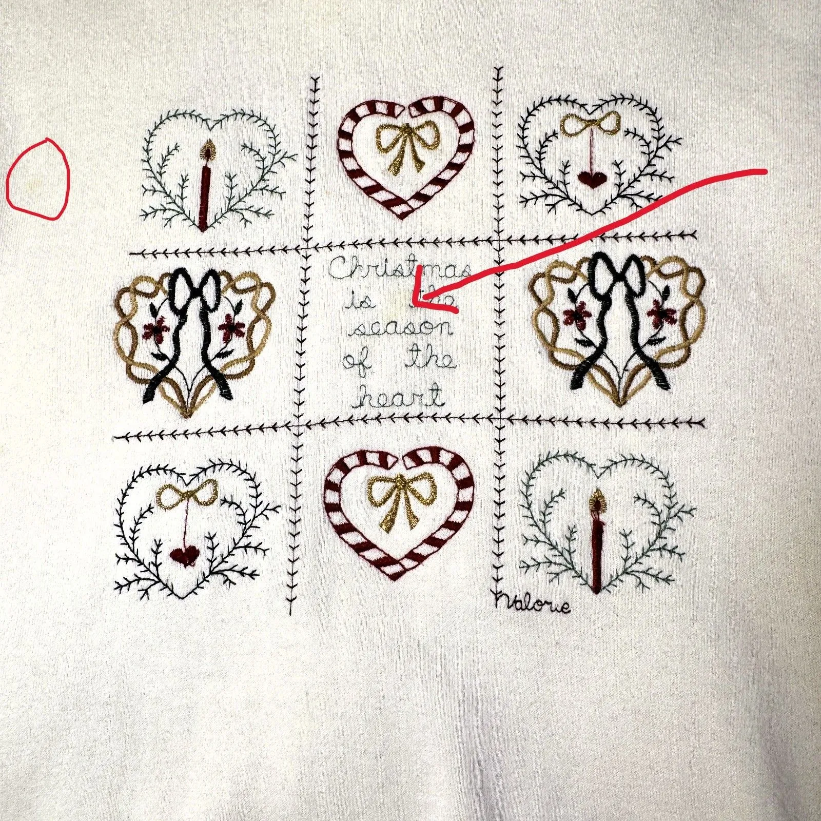 Valerie Sockwell Folk Art Christmas Cream Shirt Womens Small Embroidered Vintage Red - Image 11