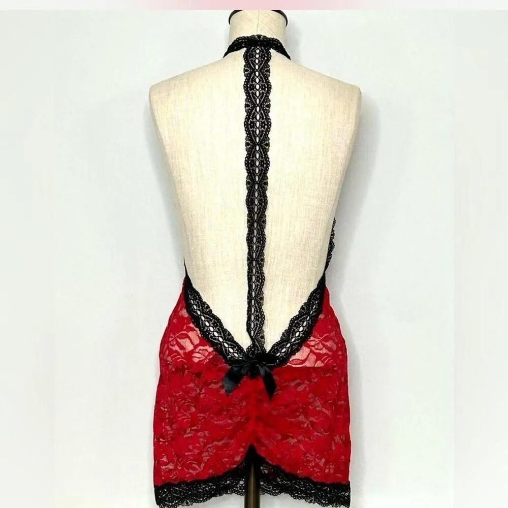 Dreamgirl Women's Red and Black Mixed Lace Sexy T-Back Chemise One Size - Image 3