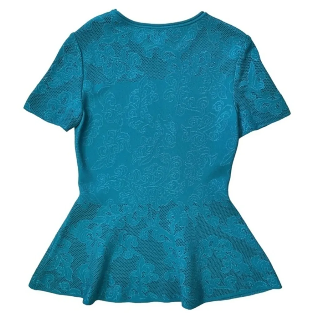 St John Turquoise Blue Jacquard Knit Pointelle Peplum Top - Image 2