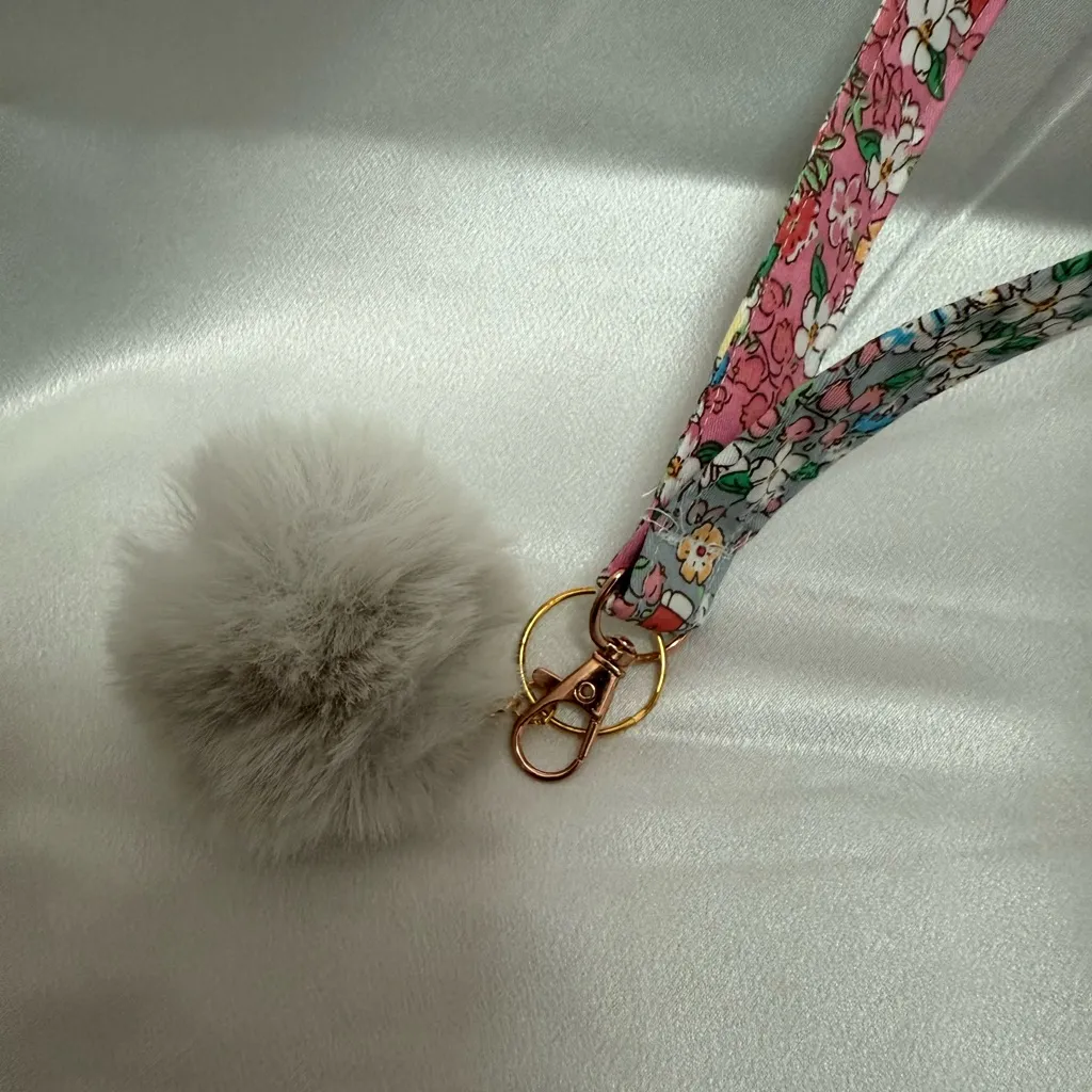 Handmade Kitty and Floral Wristlet Keychain with Gray Pompom - Image 3