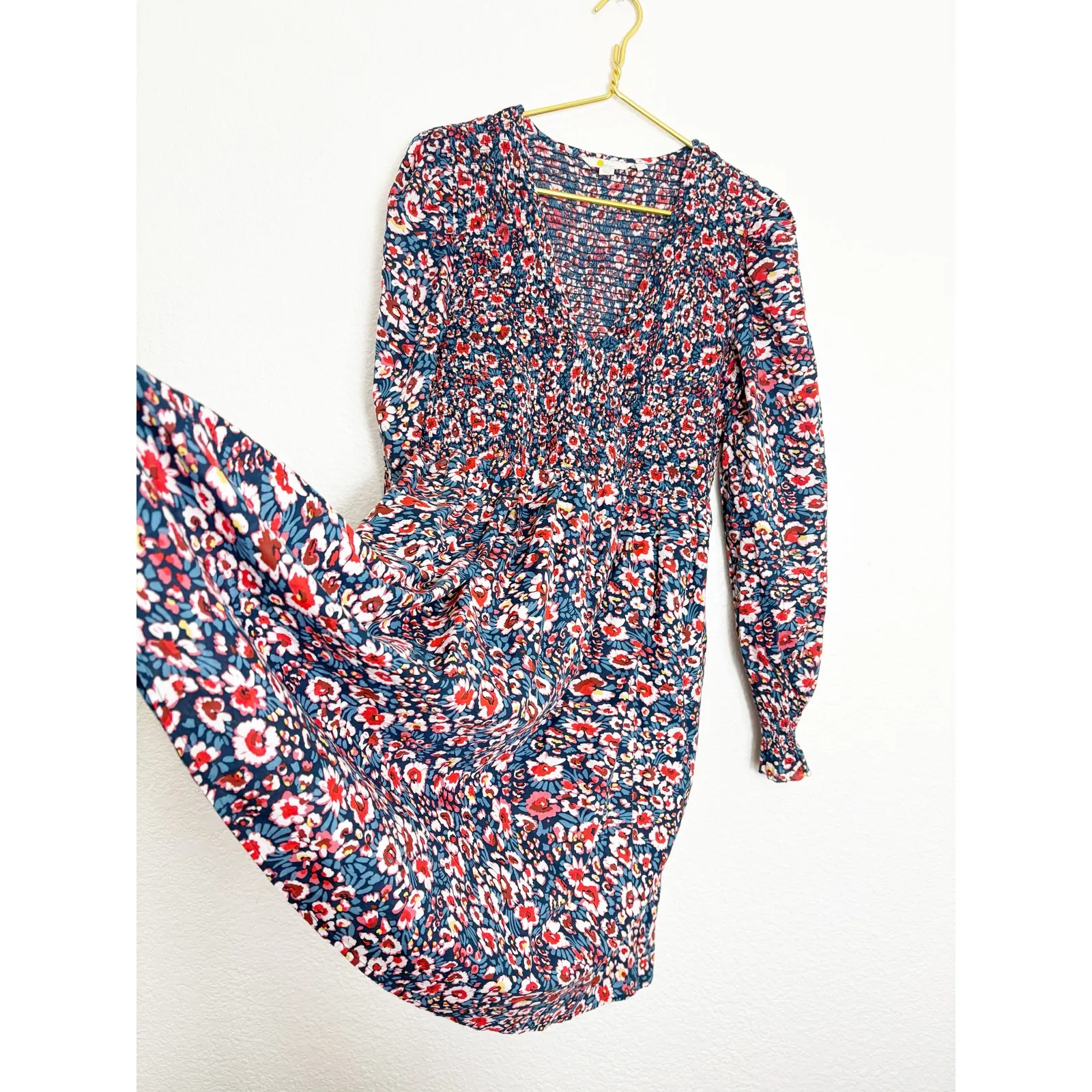 Boden Smocked Bodice Mini Dress Size 12L Blue Floral Long Sleeve Boho Preppy - Image 11