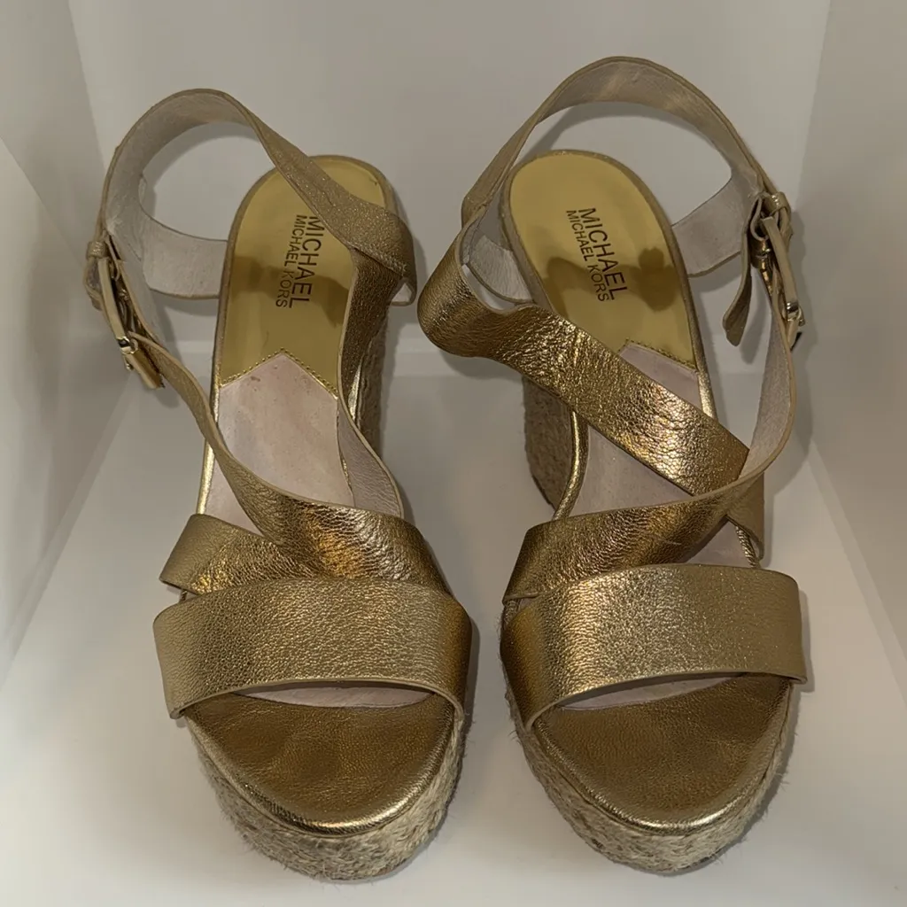 Michael Kors Giovanna Metallic Leather Espadrille Platform Wedge Women’s 10 Gold - Image 4