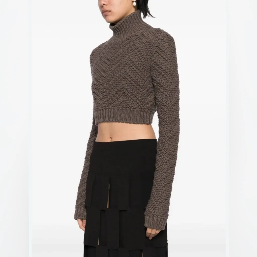 Fendi Brown Wool Chevron Knit Cropped Turtleneck Sweater Size 4 - Image 11