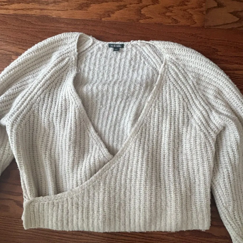 Wild Fable Wrap Sweater Pointelle Sleeves V Neck Ivory Size Small Chunky Knit - Image 2